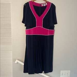 Vintage Vicky Tiel Colorblock Dress Navy Blue Pink Split Sleeve Midi Size 1X